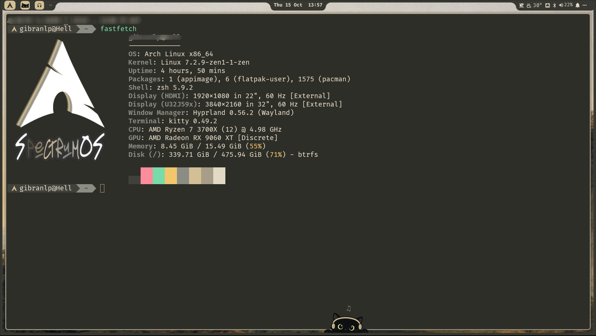 Igor asomándose desde la parte inferior del escritorio de SpectrumOS con una terminal abierta