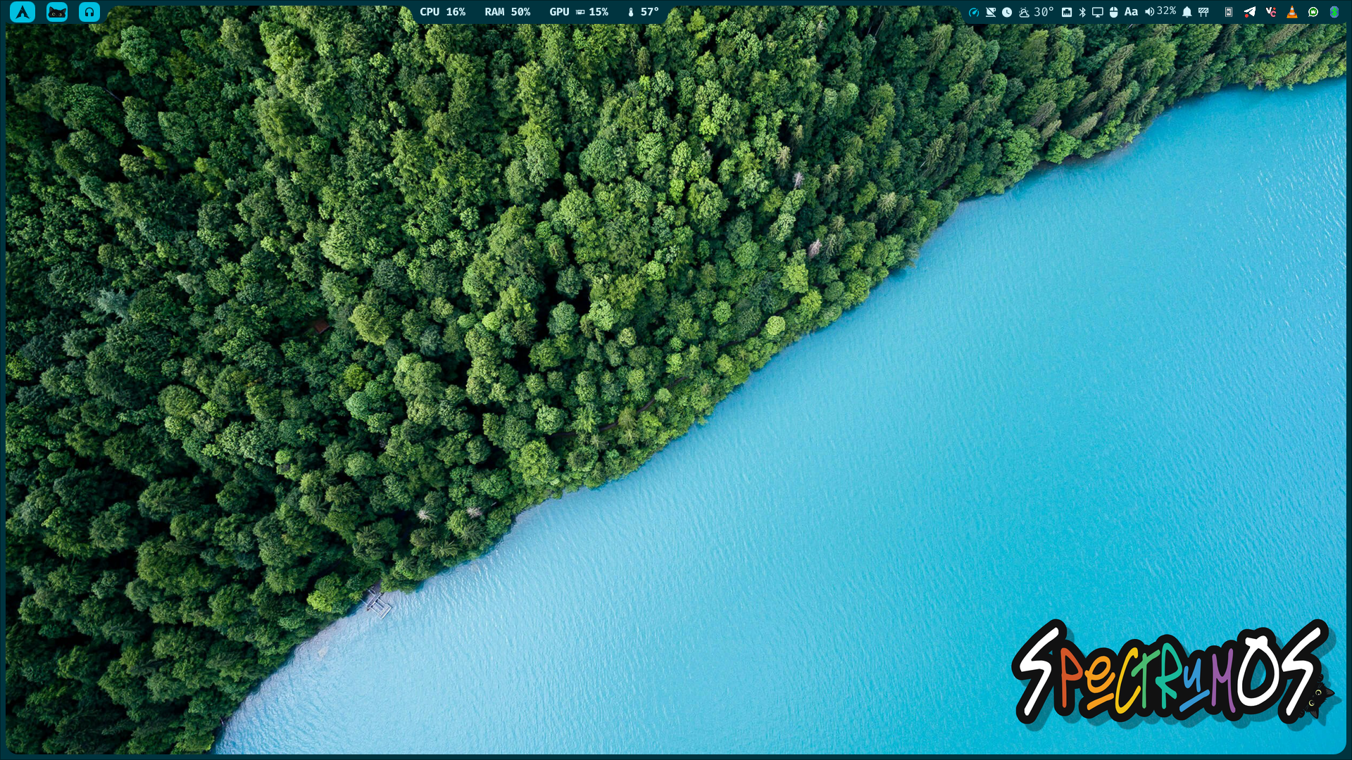 SpectrumOS con un fondo de un lago azul y una barra en tonos cian
