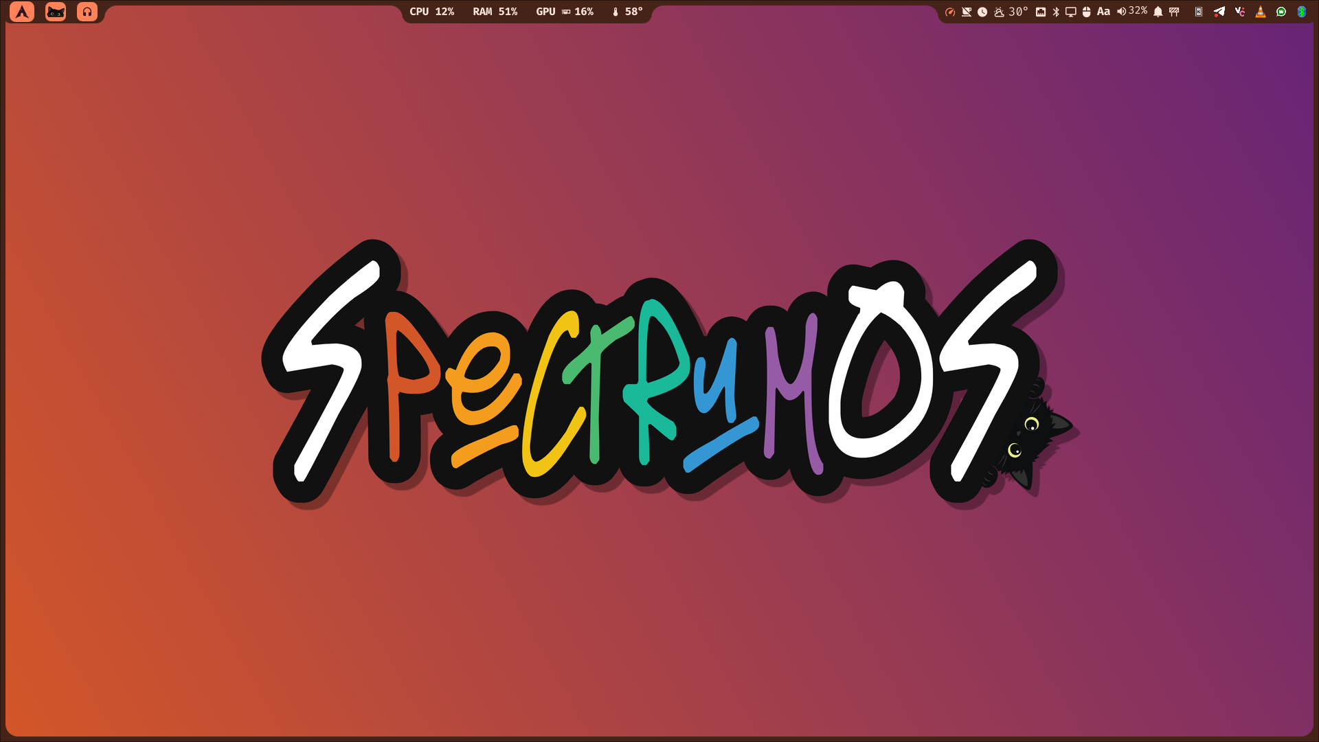 SpectrumOS con un fondo cálido y una barra en tonos naranja