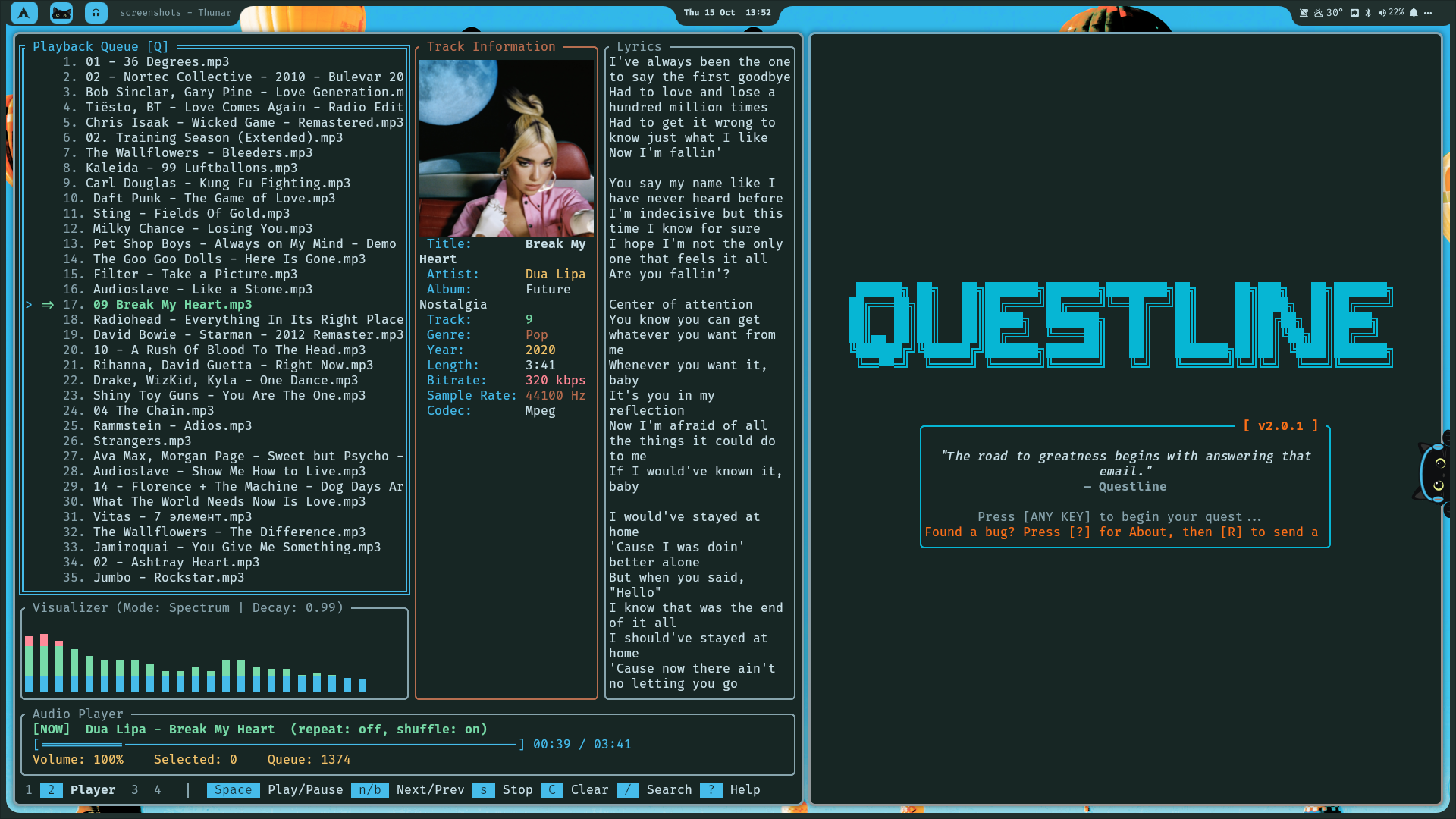 El reproductor Stash y Questline lado a lado en el escritorio de SpectrumOS